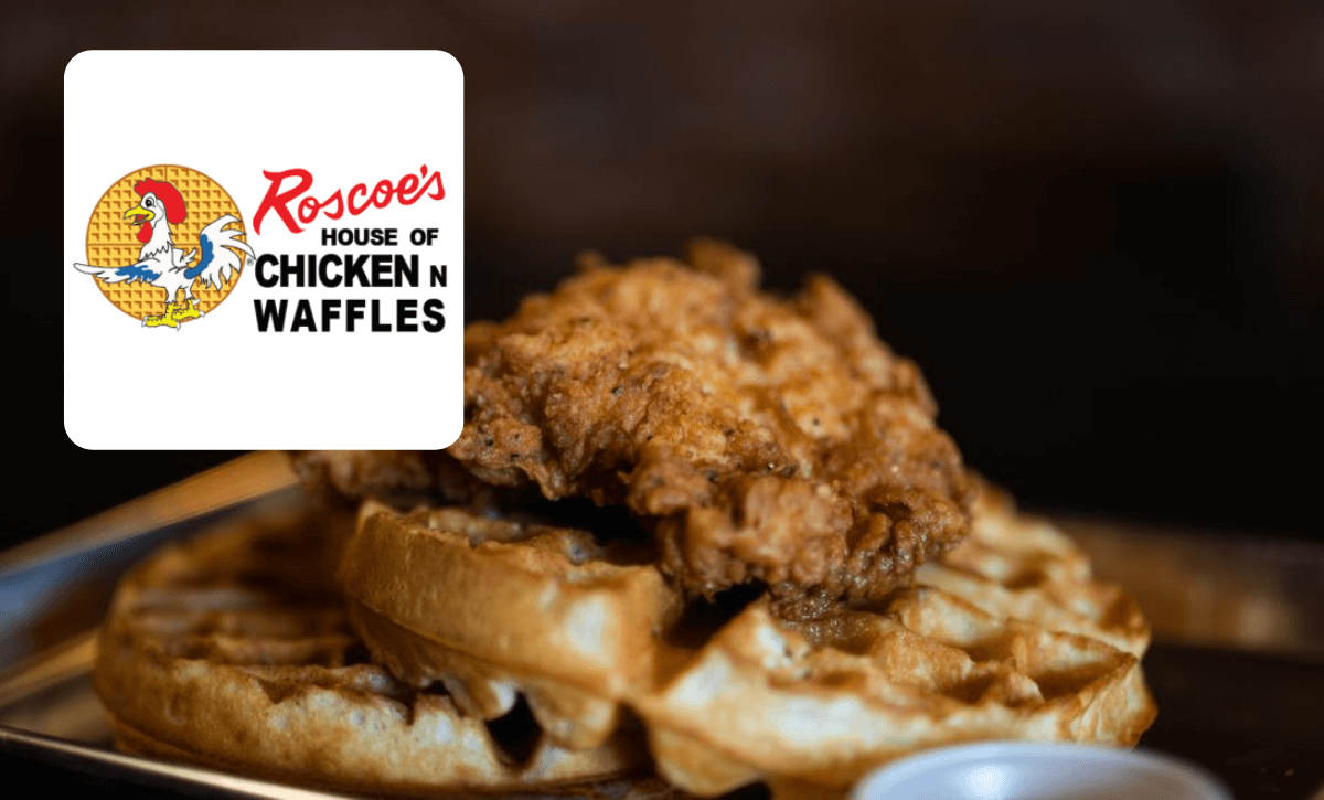 Chicken and waffles with Roscoe's Chicken and Waffles Logo
