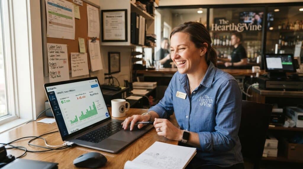 Enterprise restaurant operator reviewing finances, with tips paid instantly by Kickfin