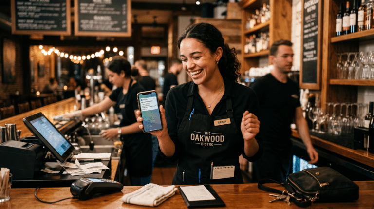 Restaurant employee celebrating an instant Kickfin tip payout