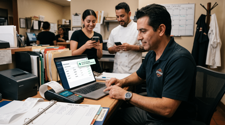 A restaurant manager finalizing tips once and paying staff instantly, with a clear record of every payout