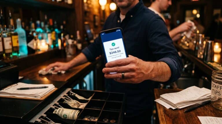 Bartender holding a phone showing a tip payout notification at closing time, with a cash drawer and receipts on the bar